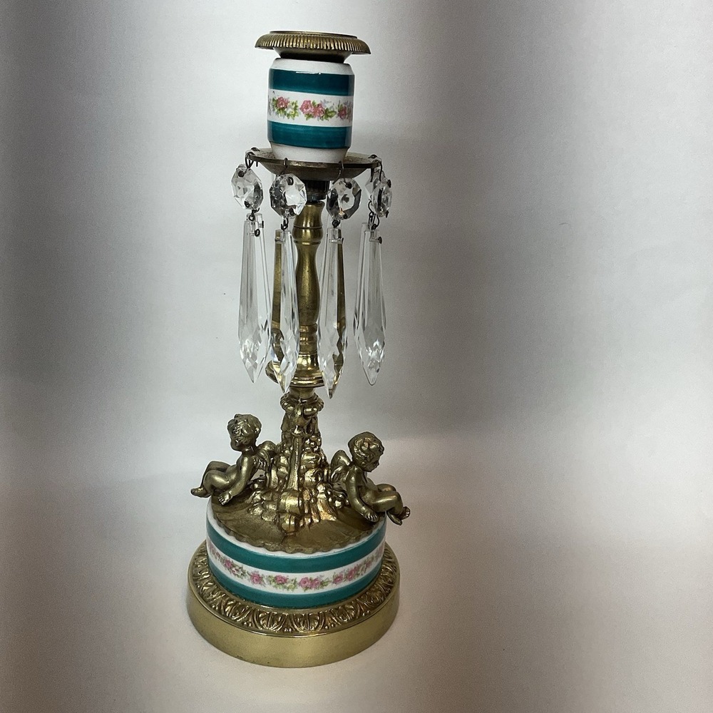 Vintage Ormolu Brass Cherub Candle Holder Crystal Prism Accents Porcelain‎ Base